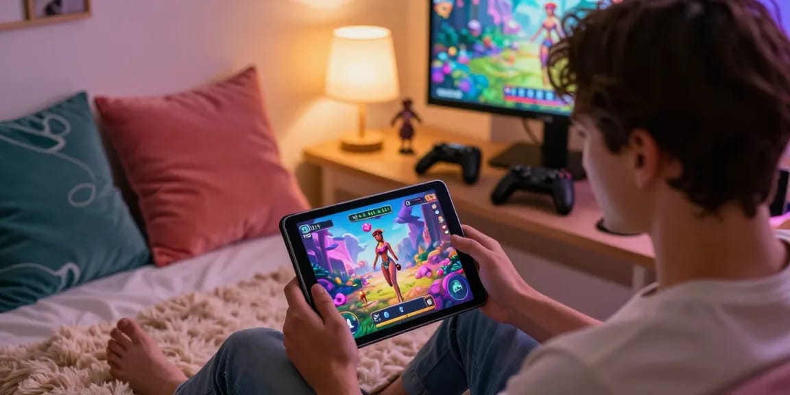Engaging in a sex simulator game on a tablet in a cozy bedroom, showcasing vibrant graphics and a playful atmosphere.