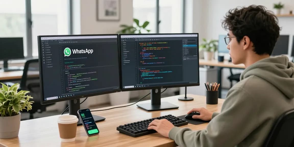 WhatsApp下載 app interface on multiple screens in a modern tech workspace.