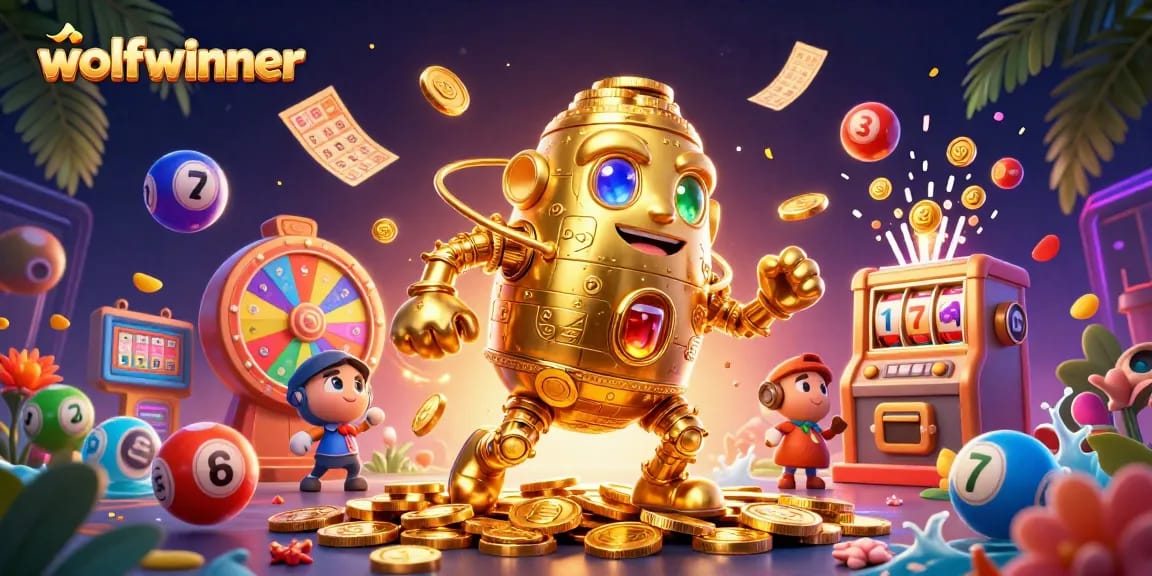 Experience thrilling wins at wolfwinner with a vibrant 3D casino illustration featuring a golden golem, lottery elements, and energetic game dynamics.