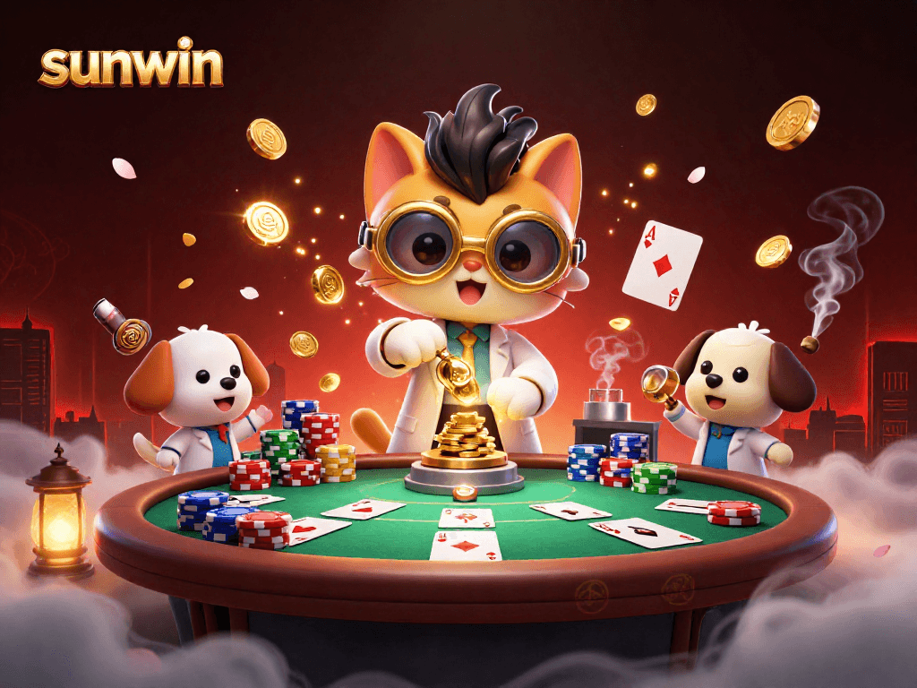Experience the excitement of sunwin with an action-packed poker scene featuring a mad scientist cat and dog.