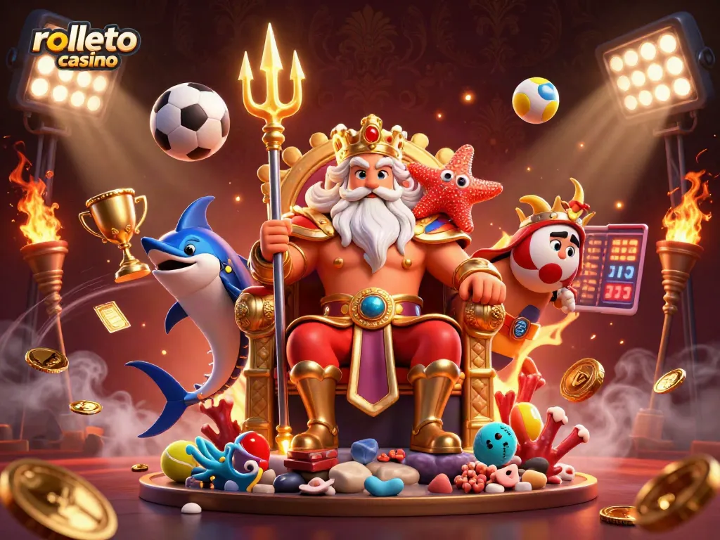 Experience winning at rolletto casino with Neptune and friends in a vibrant sports-themed scene.
