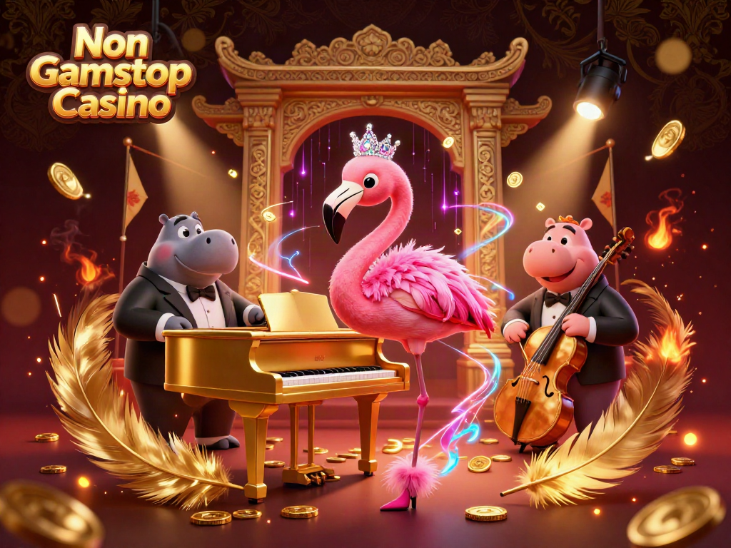Experience the vibrant scene of Non Gamstop Casino with a flamingo singer and hippo bassist, rich in gambling elements.