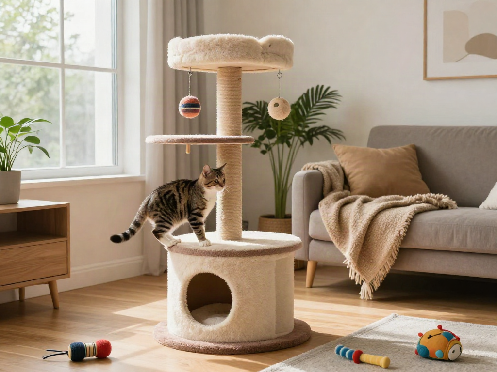 Playful tabby cat climbing on modern cat trees in a cozy living room