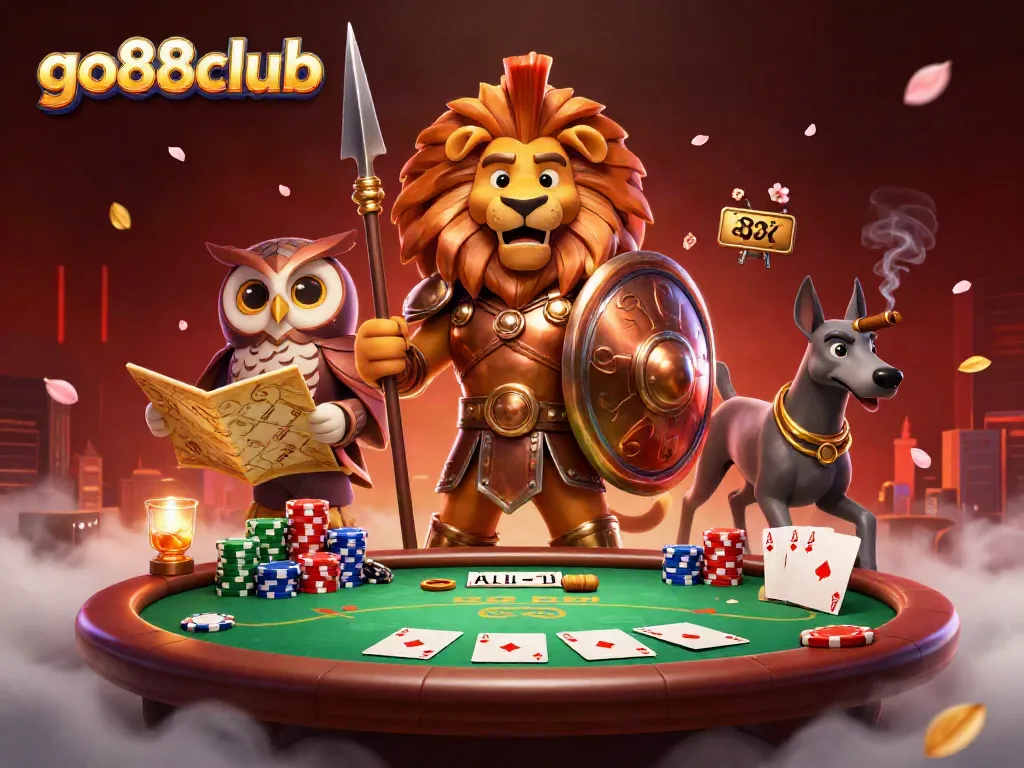 Experience thrilling poker action with go88club's Spartan lion, tactical owl, and swift greyhound in a vibrant casino setting.