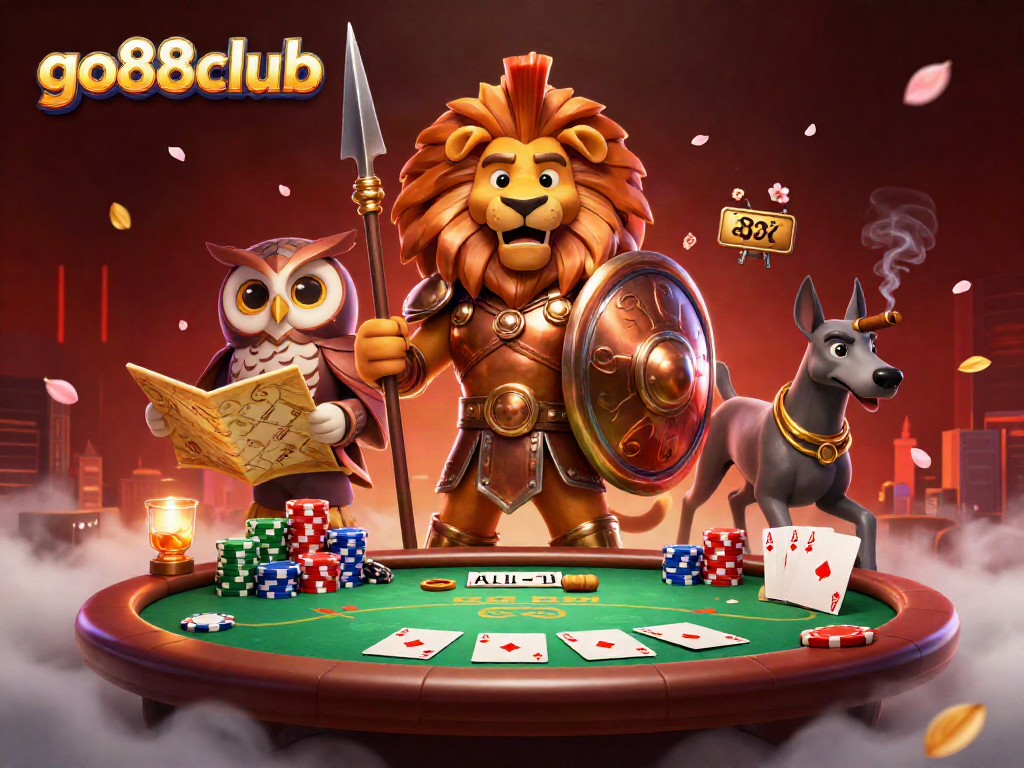 Experience thrilling poker action with go88club's Spartan lion, tactical owl, and swift greyhound in a vibrant casino setting.