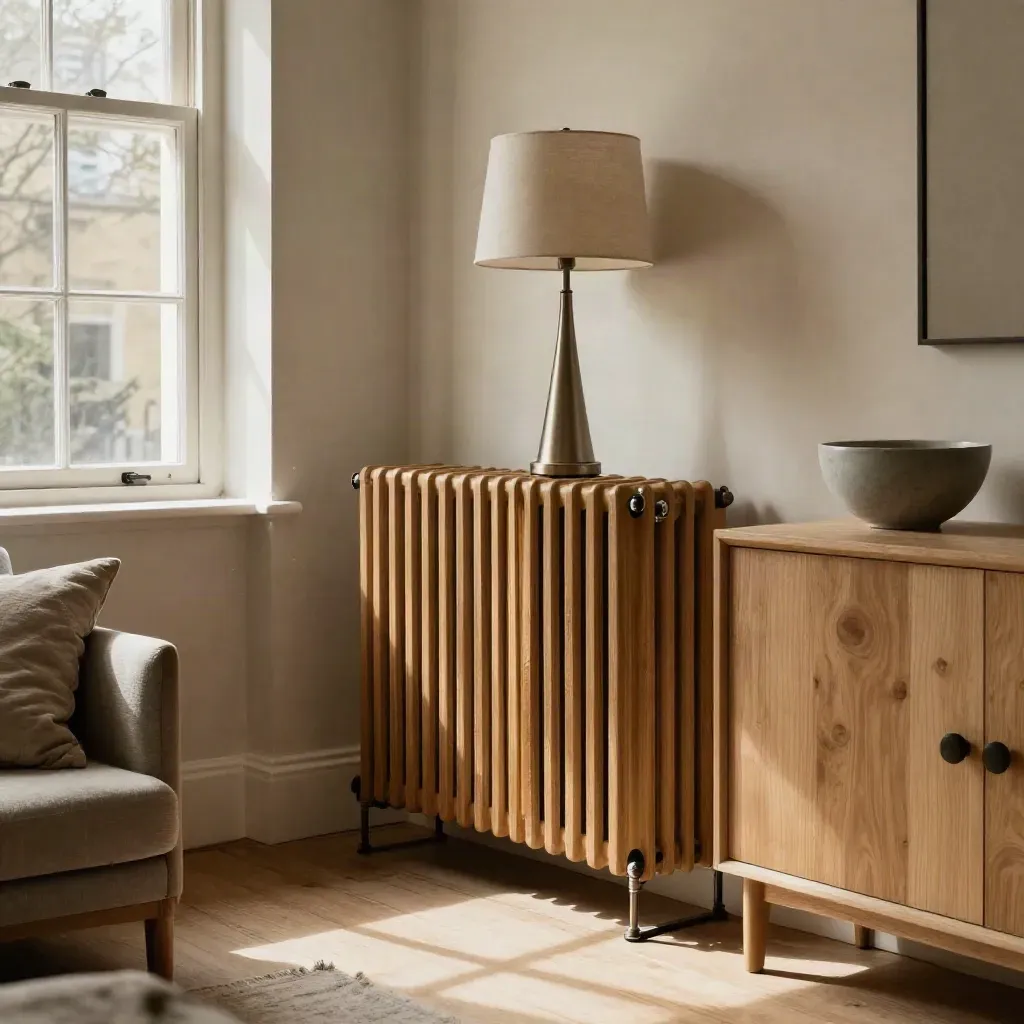 Leeds terrace living room with radiator cover, slim lamp and cleared sideboard in warm afternoon light.