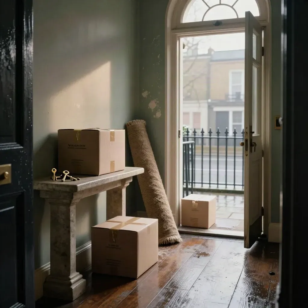 Victorian terrace hall with moving boxes, brass keys and rain-sheened paving at first light.