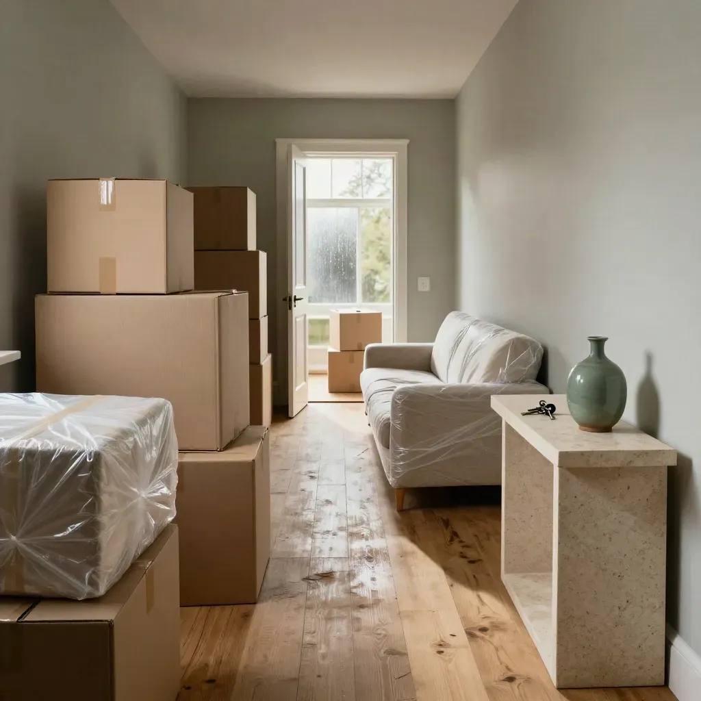 Move-day hallway with boxes, wrapped sofa and keys on a limestone console in soft rain light