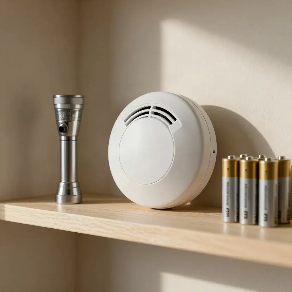 Smoke alarm, carbon monoxide alarm, torch and spare batteries on a pale wood shelf.