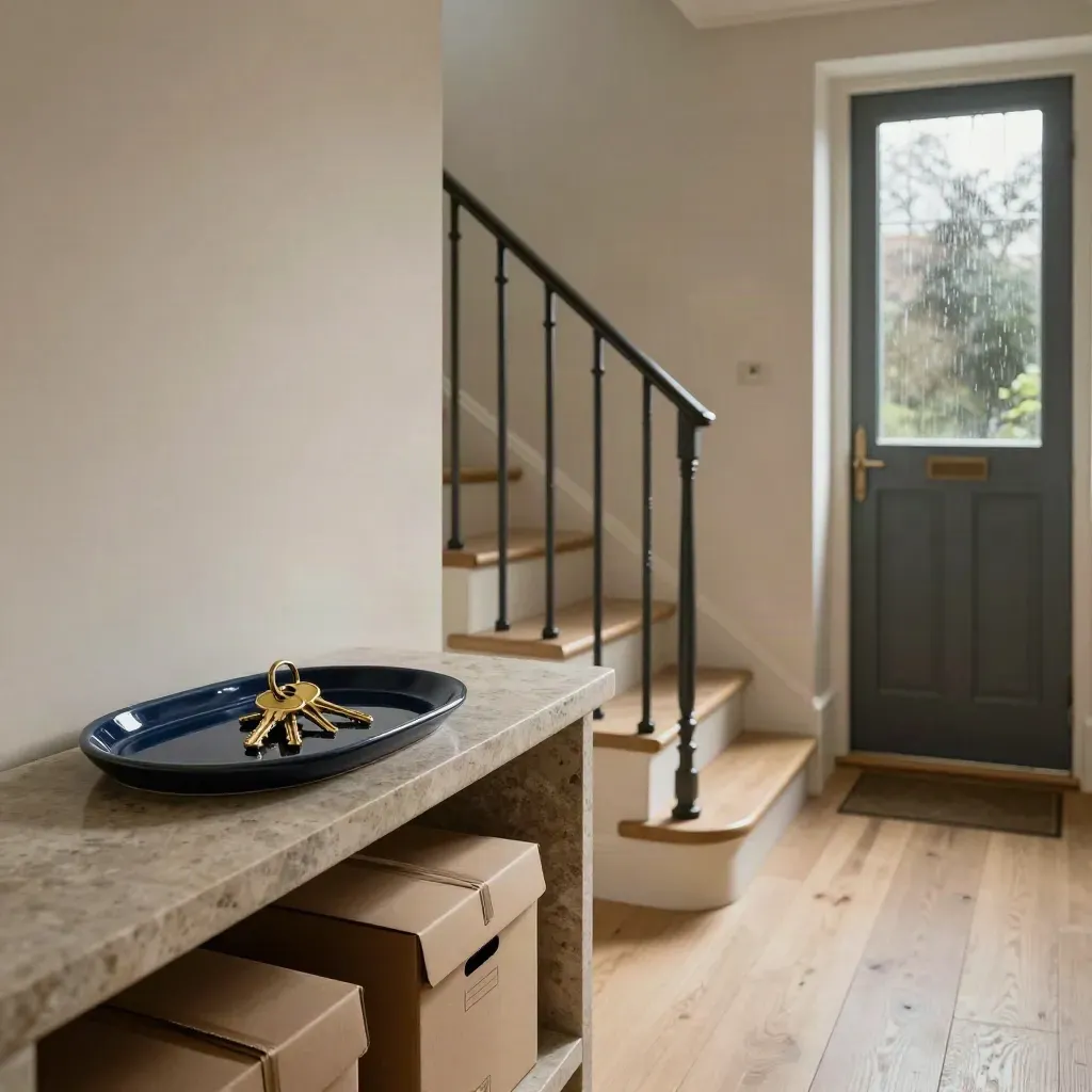 Surrey hallway with moving boxes, two key sets on a limestone console and a closed front door