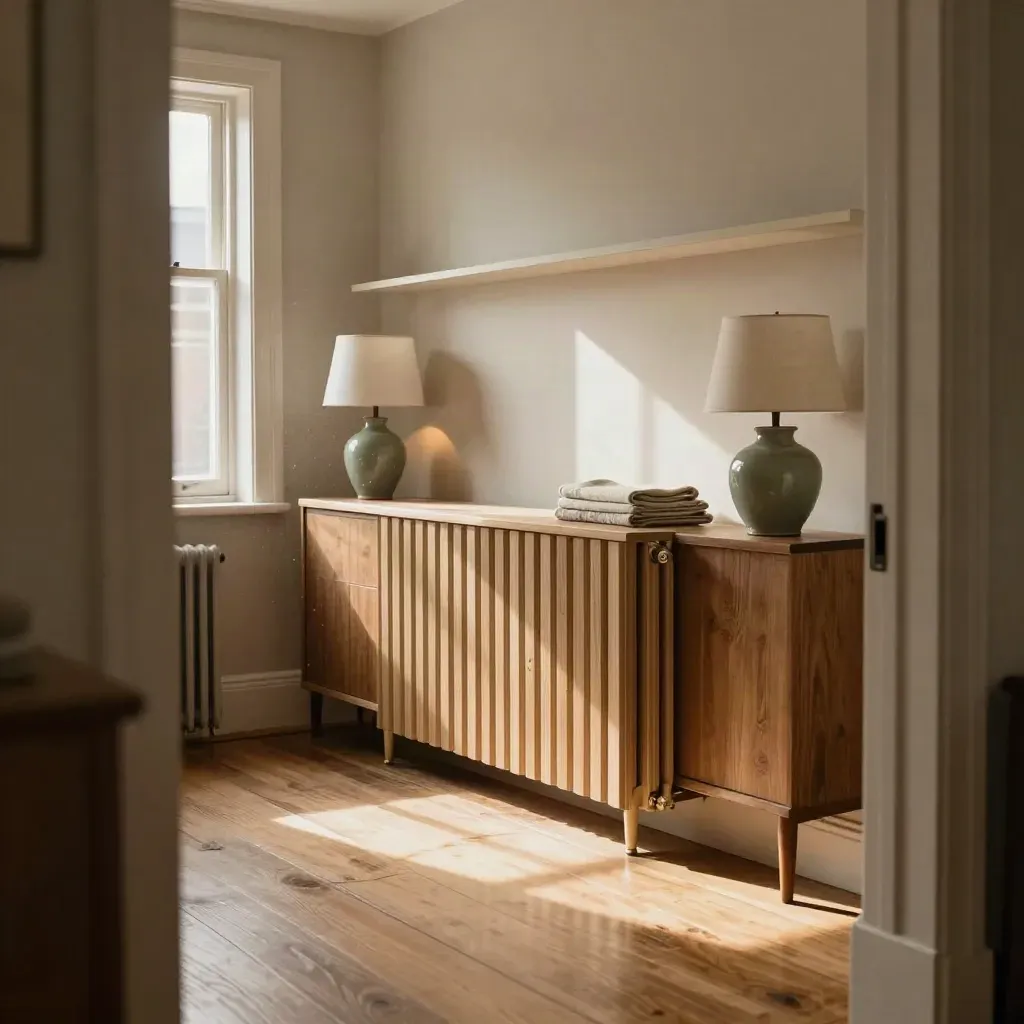 Leeds terrace sitting room with new radiator cover, cleaner sideboard and warm afternoon light.