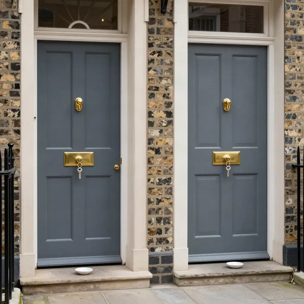 Two slate front doors with matching key dishes and fresh locks in a quiet terrace corridor.