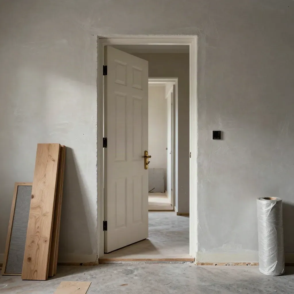 Renovated house doorway with fresh plaster, stacked oak boards and a newly hung front door.