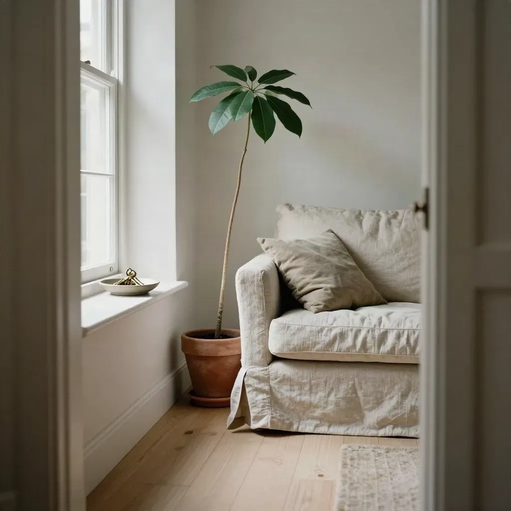 Bristol terrace sitting room with new sofa, plant and keys dish in calm late-day window light.