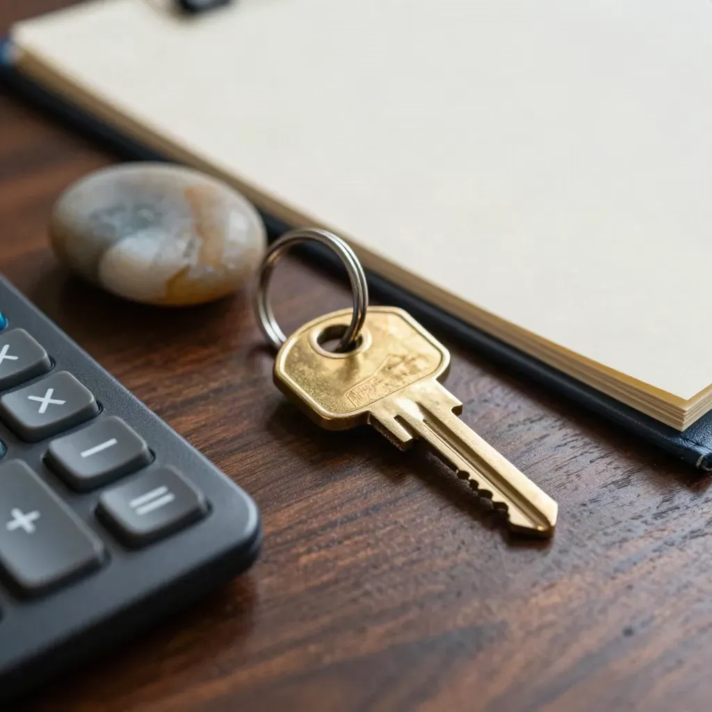Macro still life of mortgage adviser tools: brass key ring, calculator and stone paperweight on walnut.