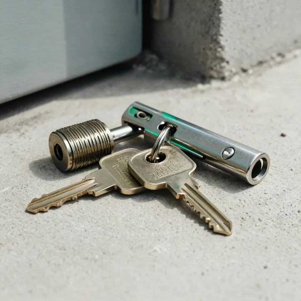Rental keys, lock cylinder and door latch on pale concrete in dramatic side light.
