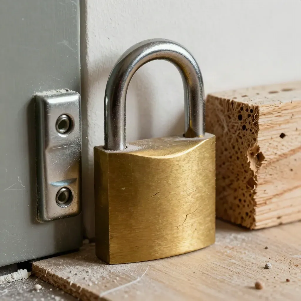 Brass padlock, temporary latch and plaster-dusted timber in a construction close-up.