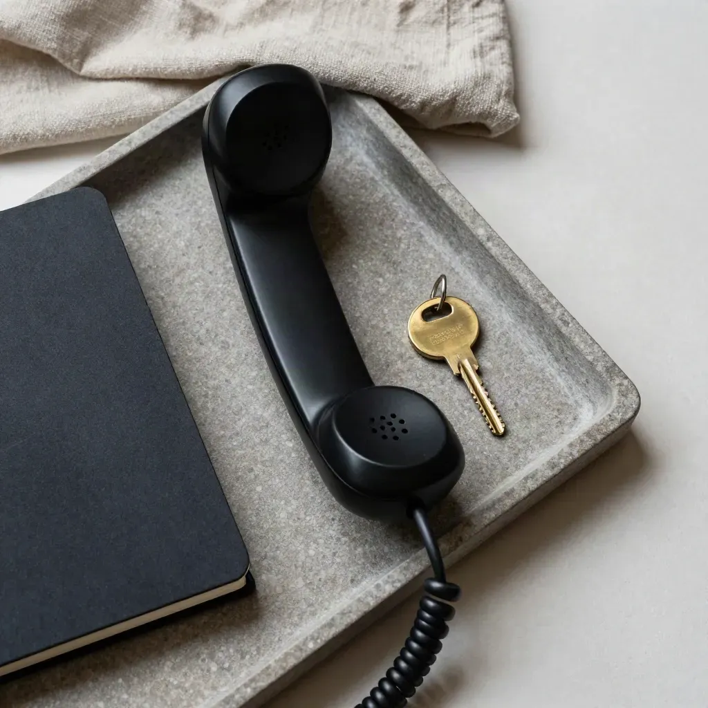 Overhead still life of a handset, key ring and closed notebook on stone with soft side light.