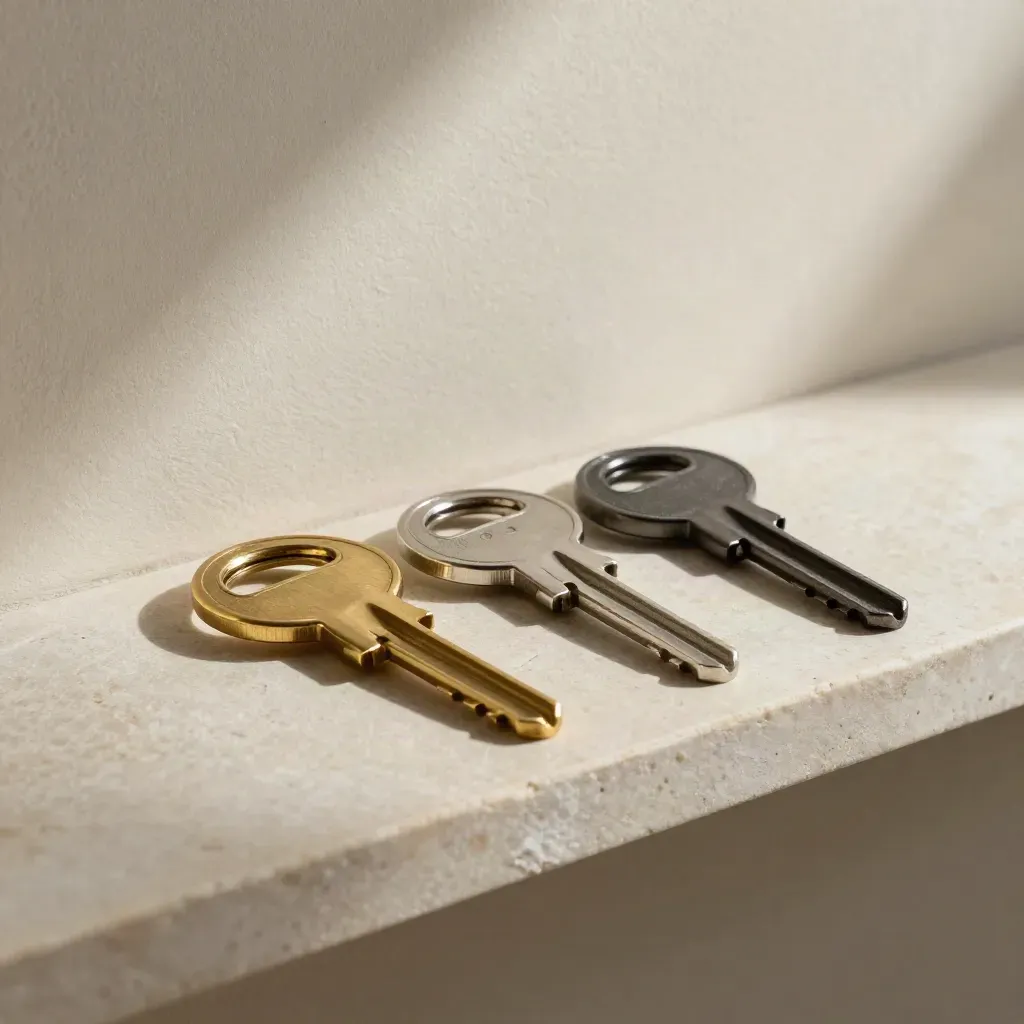 Three differently finished house keys on rings lined up on pale stone, lit by a hard side beam.