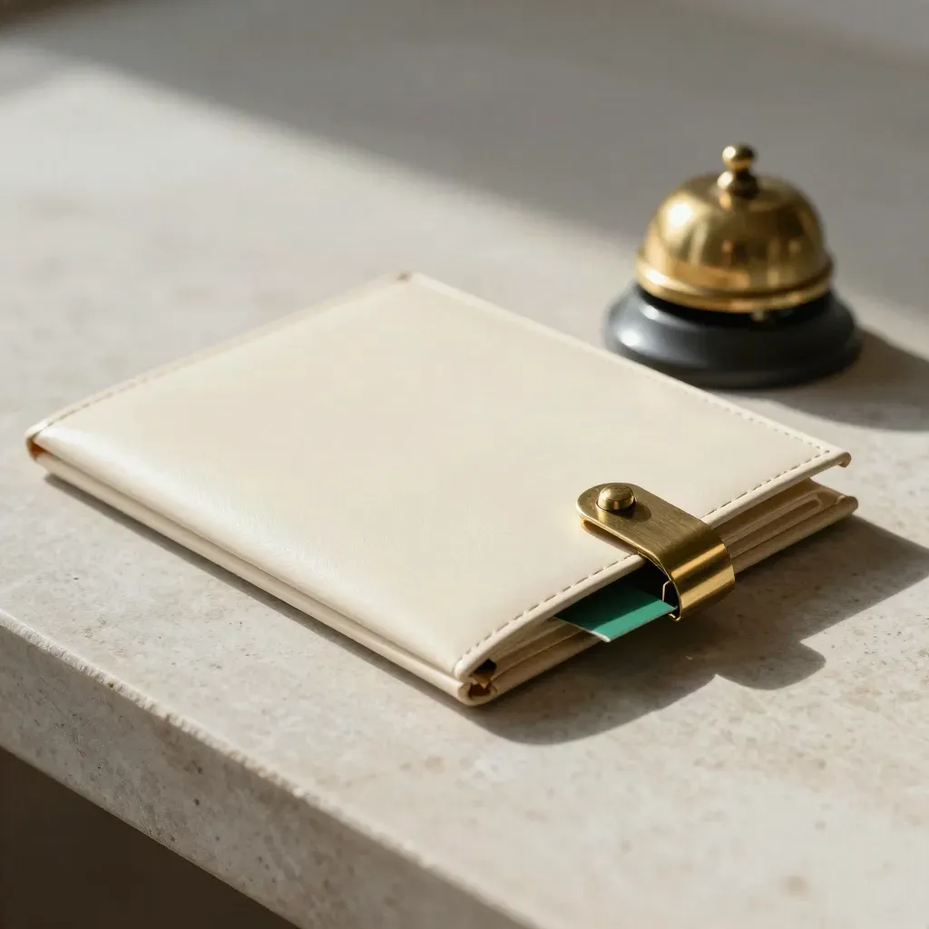 Sealed file wallet with brass clip and desk bell on pale stone, soft light.