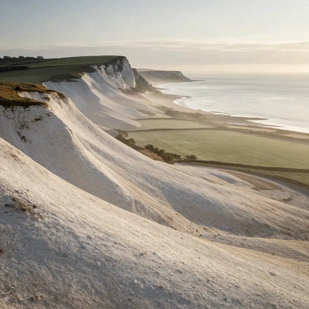 Chalk downs and a misty South East coast under breaking morning sun.