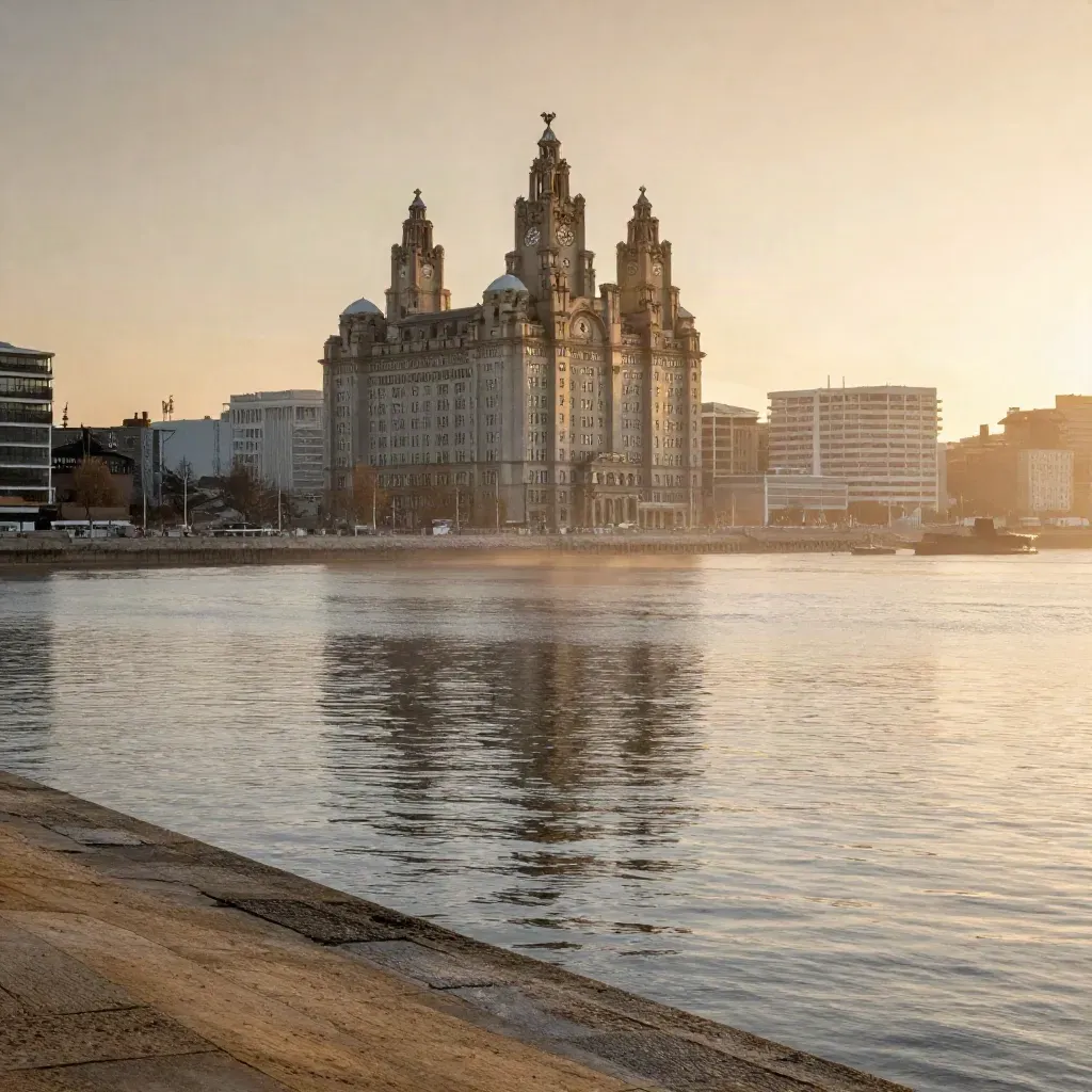 Liverpool waterfront and the Three Graces in sunset haze above calm Mersey water.