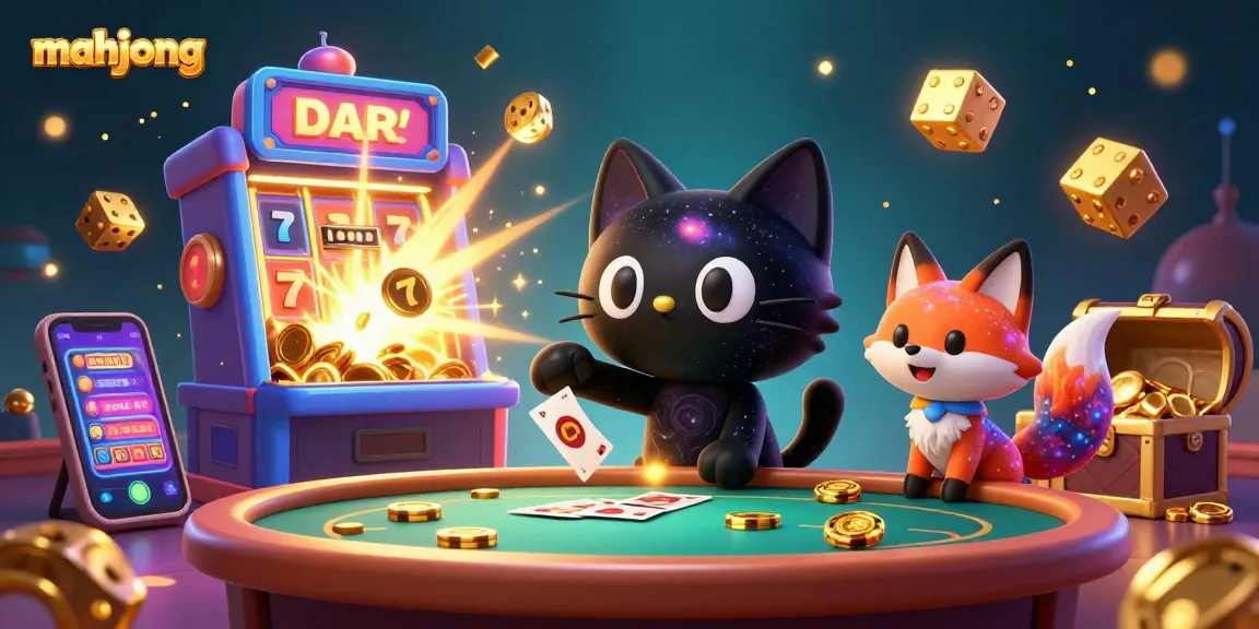Experience mahjong excitement with a cosmic cat and colorful fox at a lively casino.