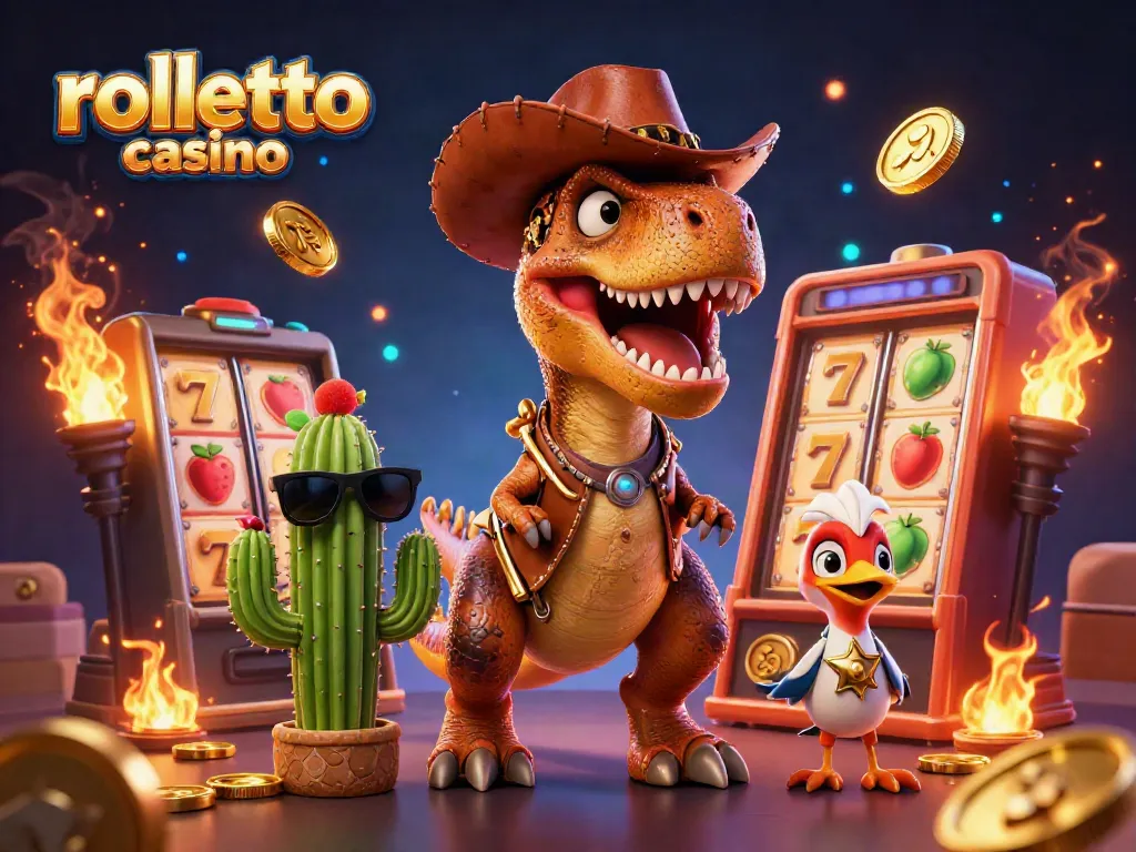Experience the excitement at rolletto casino with a playful T-Rex cowboy and vibrant slot reels.