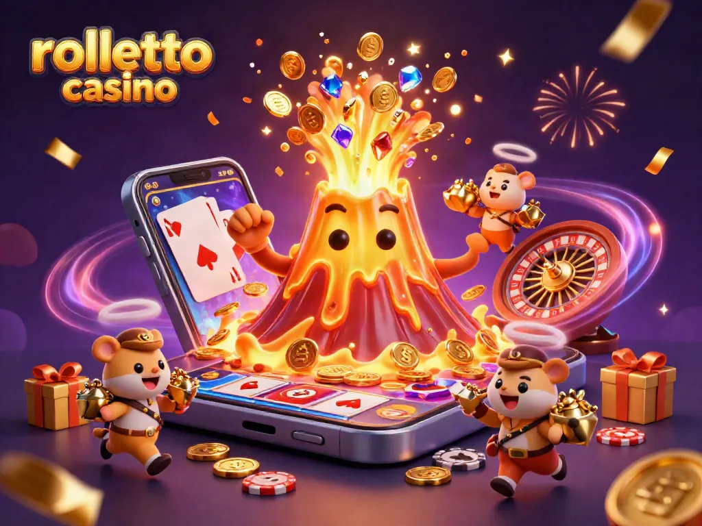rolletto casino volcano erupting treasure with celebration confetti and exciting gameplay.