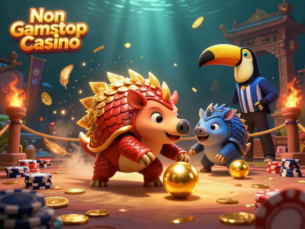 Watch rival pangolins compete in a golden ball bowling game at a Non Gamstop Casino.