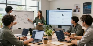 Team collaborating on AI agents development in a modern tech workspace with coding and presentations.