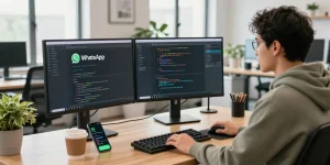 WhatsApp下載 app interface on multiple screens in a modern tech workspace.