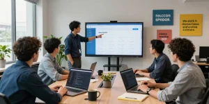 Team collaborating on Telegram Web features in a modern office setting