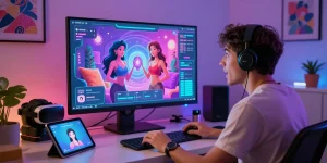 Engaging in nsfw ai chat with a vibrant virtual character on a futuristic interface.