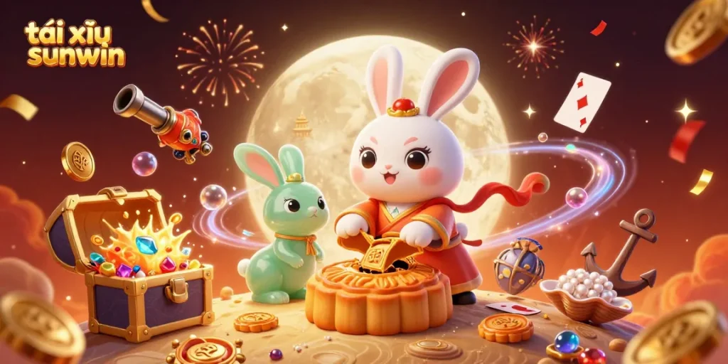 Engage in exciting gameplay with tài xỉu sunwin, featuring festive moon rabbits and poker chips.