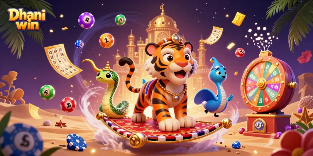 Dive into Dhani win with exciting games, colorful lottery balls, and vibrant casino ambiance.