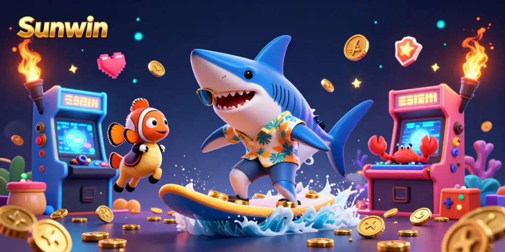 Sunwin showcases an exciting underwater casino theme with vibrant characters surfing on gold coins.