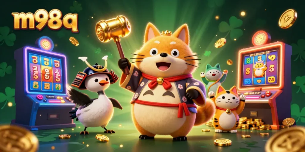 Experience big wins with m98 q in a rich casino-themed 3D illustration featuring tanuki and festive elements.