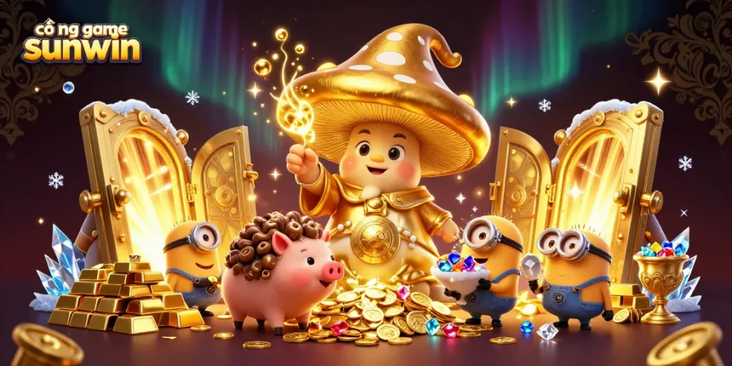 Experience excitement at cổng game sunwin with vibrant treasures and magical characters in a dynamic casino scene.